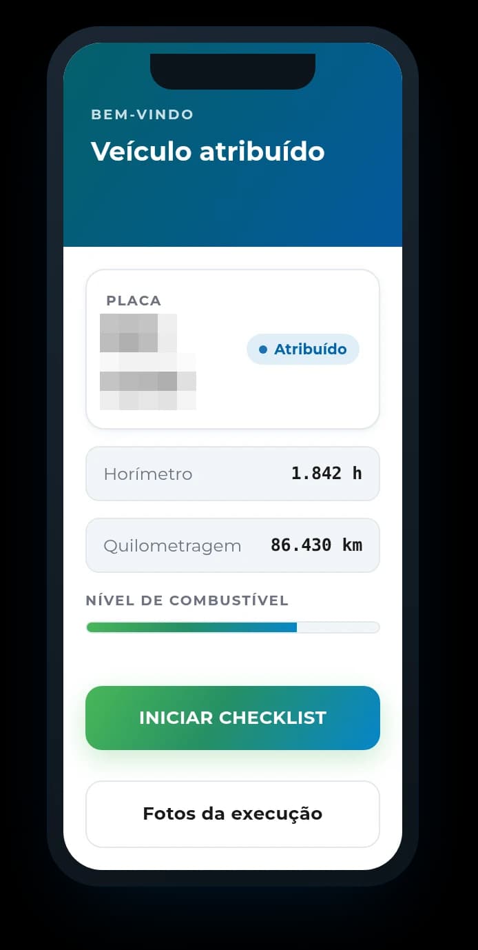 App do motorista no AZ Control: veículo atribuído com placa, horímetro, quilometragem, nível de combustível e botões para iniciar checklist e registrar fotos da execução