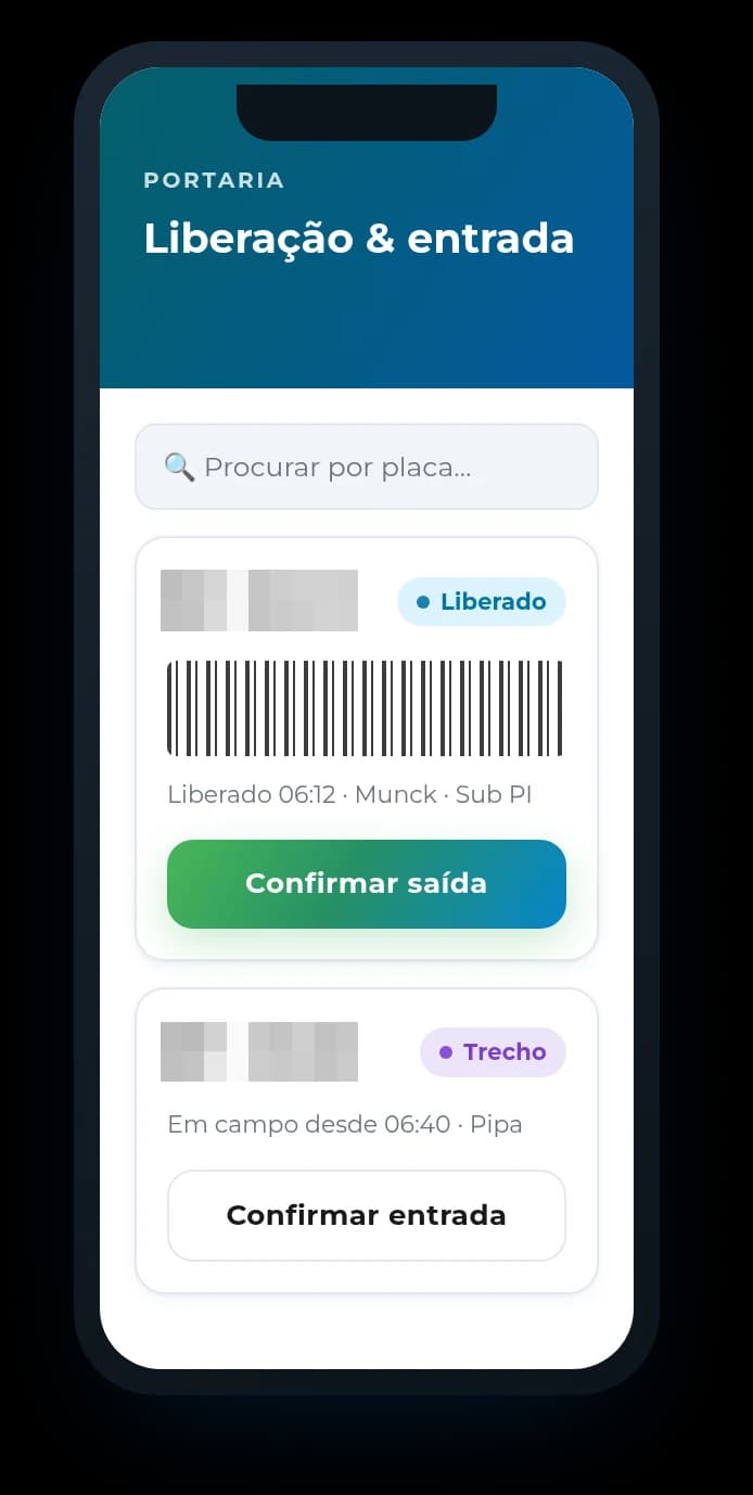App da portaria no AZ Control: busca por placa, confirmação de saída de veículo liberado e confirmação de entrada de veículo em campo