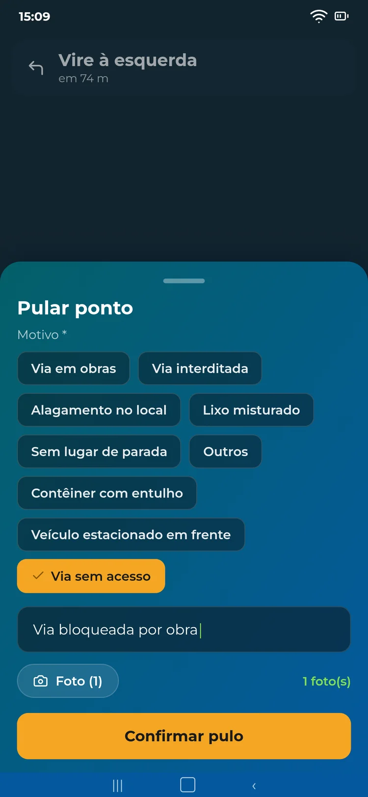 Tela de pular ponto do AZ Nav com motivos padronizados, observação e foto anexada