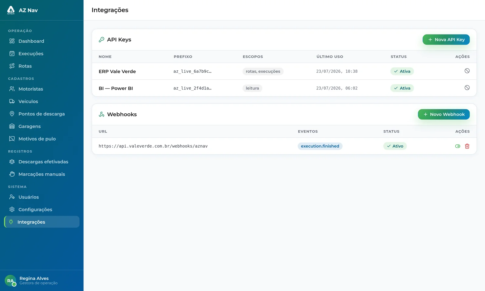 Tela de integrações do AZ Nav com API keys por escopo e webhooks de eventos de execução
