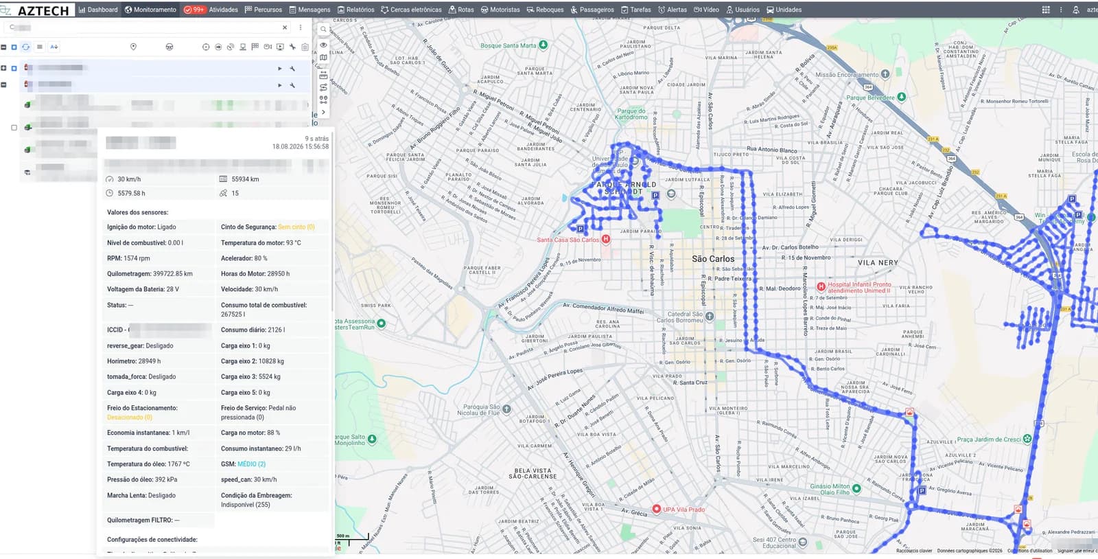 Plataforma de rastreamento Aztech com percurso completo do veículo desenhado no mapa e painel de telemetria CAN: RPM, temperatura do motor, consumo, carga por eixo, freios e velocidade
