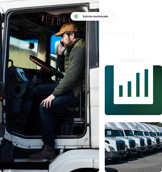 Motorista de caminhão ao telefone dentro da cabine, com ícones de monitoramento e gráficos de desempenho de frota ao lado